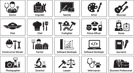Fototapeta premium Collection of black stick figure showing office work activities including typing, writing, reading, printing, filing, and presentations