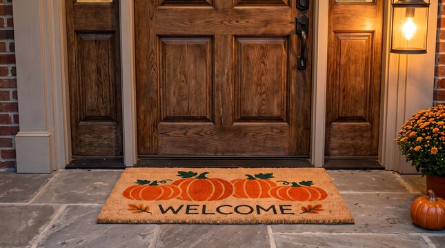 A pumpkin welcome mat at a glowing wooden threshold symbolizes warm seasonal hospitality and the cozy sanctuary of home.