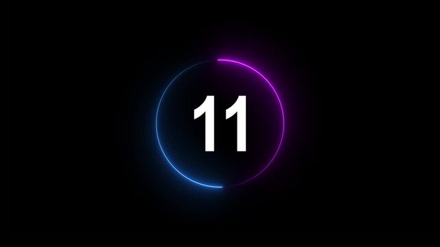 A dynamic circular animation, and glowing count neon number 11 animation . on a black background.Motion graphics of concept