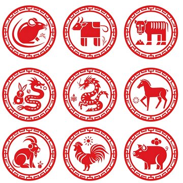 Red circular icons with white symbols of various activities and objects.