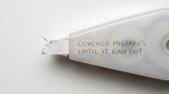 A depleted correction tape dispenser inscribed with text symbolizing the exhaustion of hiding errors and reaching the limit of coping mechanisms.