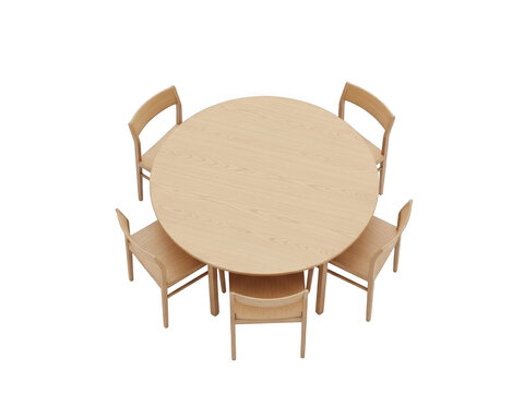 Top view of a round wooden dining table with four matching chairs isolated on transparent background