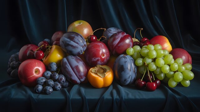 Fresh ripe plums persimmons green grapes and red cherries arranged elegantly on a dark blue fabric background for artistic display