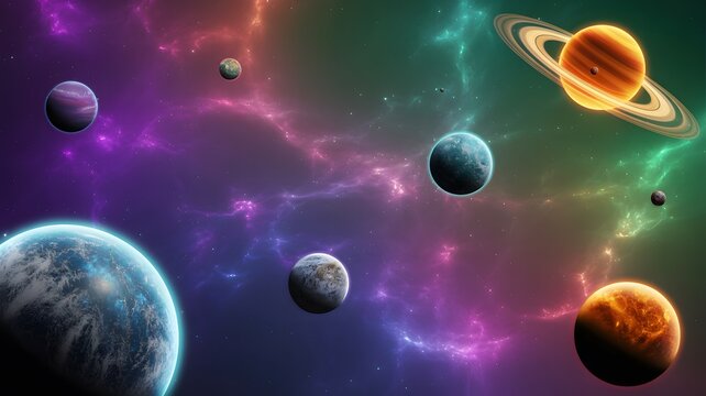 Colorful vibrant planets floating across deep space surrounded by glowing nebulae clouds and scattered stardust in this artistic cosmic background