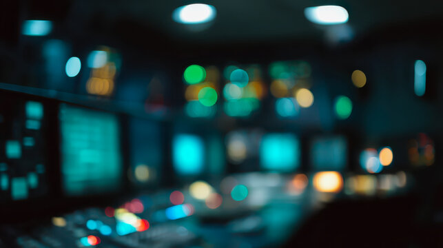 Defocused dark control room at night with glowing cyan and green console bokeh