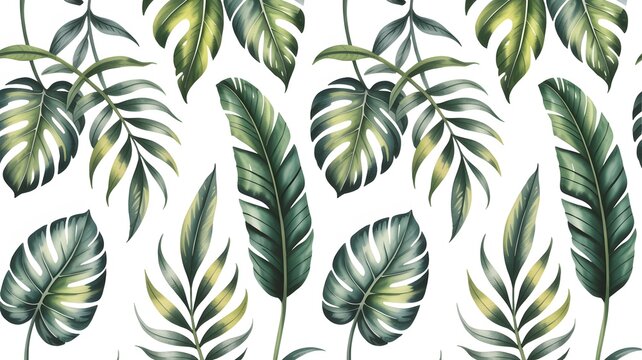 Tropical monstera and palm leaves decorative pattern featuring vibrant green foliage isolated on white background for modern interior design wallpaper