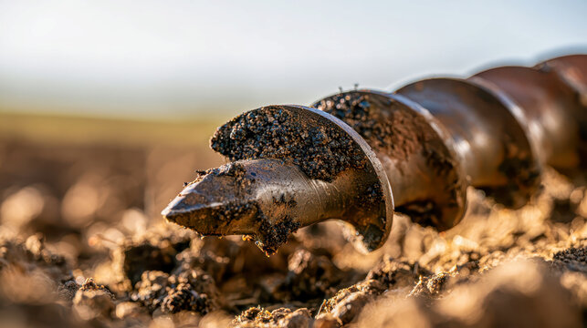 Steel soil sampling auger with soil packed spiral tip resting on tilled farm earth
