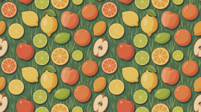 Vibrant flat vector pattern featuring assorted fresh fruits like lemons limes and apples scattered across a dark green grassy background