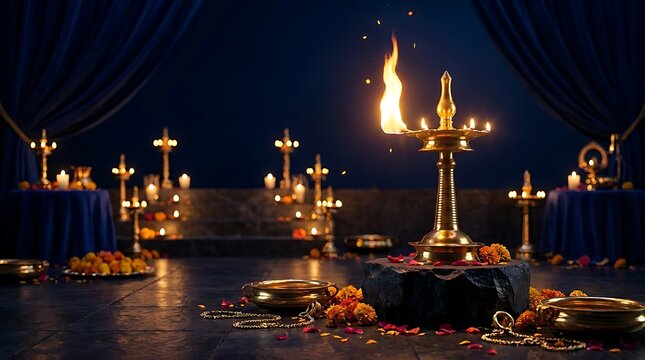 Golden metallic oil lamp samai shining bright during traditional indian festival celebration at night with festival