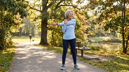 Fototapeta premium Smiling senior woman stretching arms in a park during autumn with colorful trees and a lake