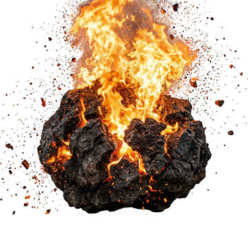 Burning meteor rock with fire and sparks isolated on transparent background