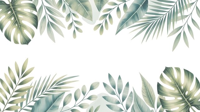 Decorative botanical frame features elegant tropical leaves painted in soft watercolor shades creating a beautiful natural border for modern graphic projects