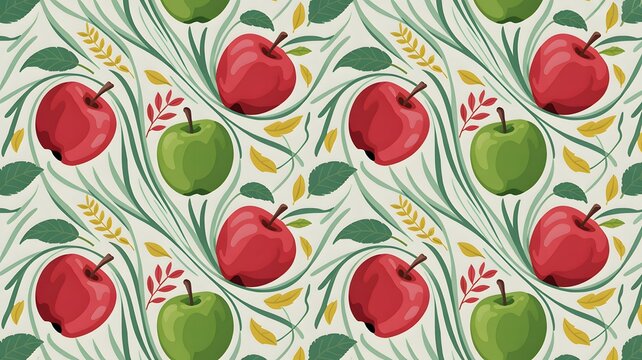 Vibrant red and green apples arranged in decorative repeating pattern with flowing organic foliage leaves on soft cream background texture