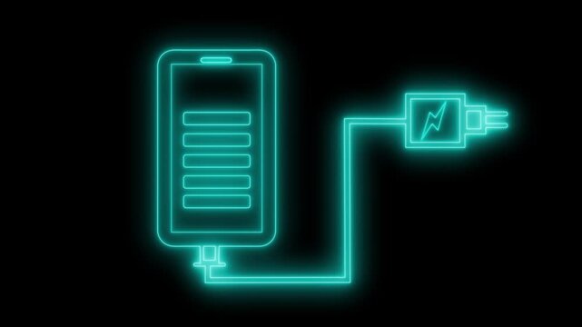Neon battery charging icon with plug animation on black background