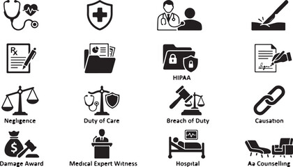 Fototapeta premium Medical legal and healthcare law set featuring doctors, documents, scales of justice, and hospital equipment on white background