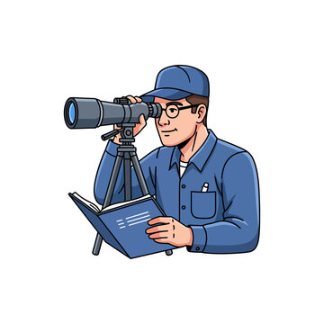A man in uniform looking through a spotting scope mounted on a tripod while holding an open notebook