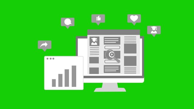 Social media marketing and web content on computer screen animation