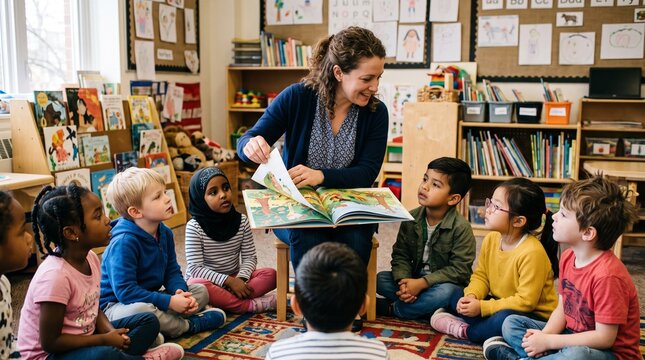 Teacher reading a storybook to diverse group of young children sitting on the floor in a classroom