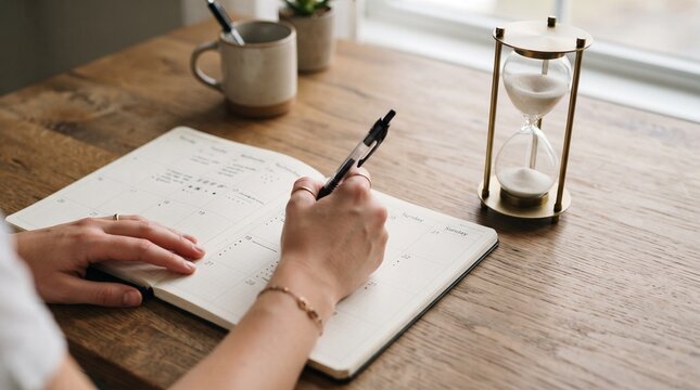 Person writing in a planner next to an hourglass on a wooden desk symbolizing time management and productivity
