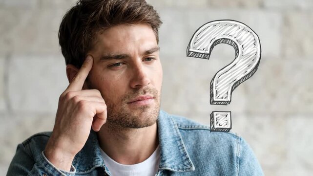 Questioning Reality Man Ponders Lifes Uncertainties with Thoughtful Expression and Animated Question Mark Overhead