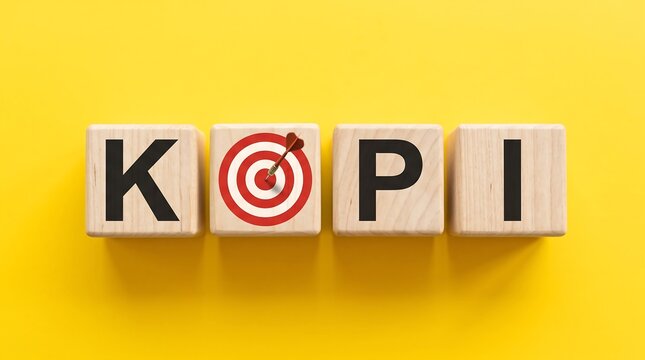 KPI business performance concept on wooden blocks, key performance indicators target with dartboard icon, corporate goal achievement on yellow background