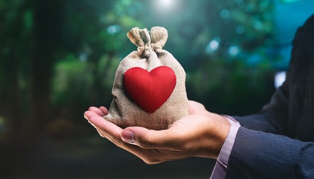 hand is holding a bag of money with a heart representing charitable giving and financial support for those in need
