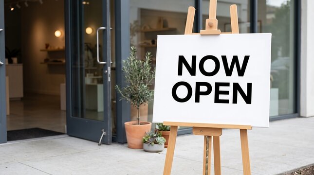 Now Open sign on wooden easel outside a modern boutique, retail storefront grand opening announcement, minimalist shop entrance with welcome signage