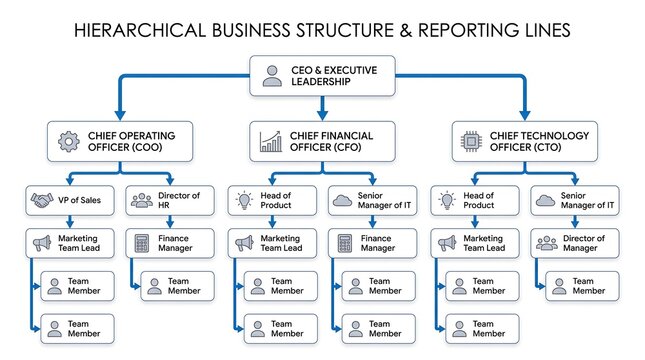 Hierarchical business structure and reporting lines, professional corporate organizational chart, blue and white company management flow diagram