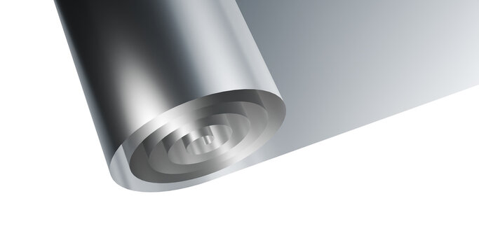 Aluminum metal foil rolled up top view in a transparent background