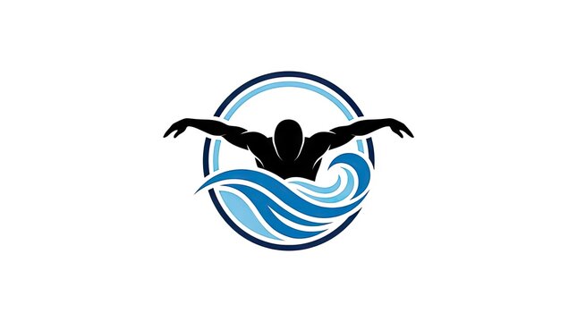 Swimmer silhouette diving into waves logo.