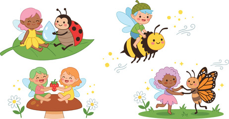 Fototapeta premium Fairies With Insects And Berries Colorful Vector Illustration On White Background fairy