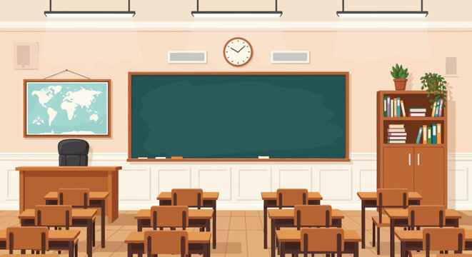 A brightly lit classroom scene features desks a chalkboard and educational wall decorations