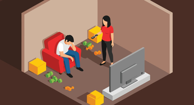 A distressed man sits in a chair while a woman stands nearby with a remote control