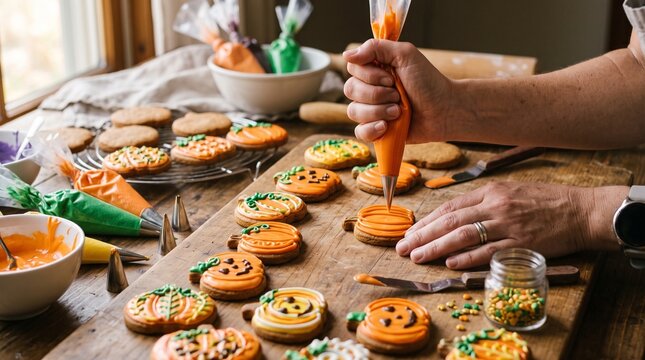 Person decorating pumpkin shaped Halloween cookies with orange icing and sprinkles