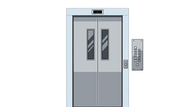A cartoon illustration depicts a silver elevator with closed doors and a digital floor display