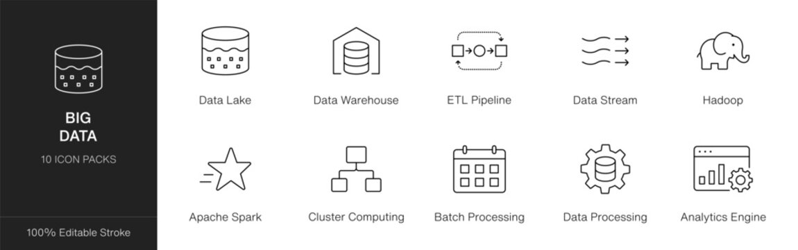 Big Data outline icon set vector illustration for technology and analytics