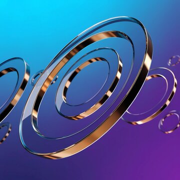 Floating concentric glass rings with polished copper metallic edges on blue and purple gradient background