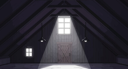 A dimly lit attic space features a central window and a closed wooden door © grvect02