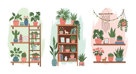 Stylized illustration of three bookshelves filled with various potted plants and decorative objects © grvect02