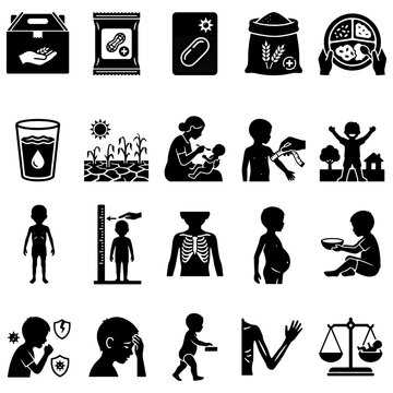 Child Malnutrition Severe Acute Malnutrition MUAC Measurement Stunting and Humanitarian Food Aid Vector Icon Set