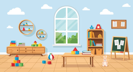 A cheerfully decorated playroom features toys bookshelves and a large window with a view © grvect02