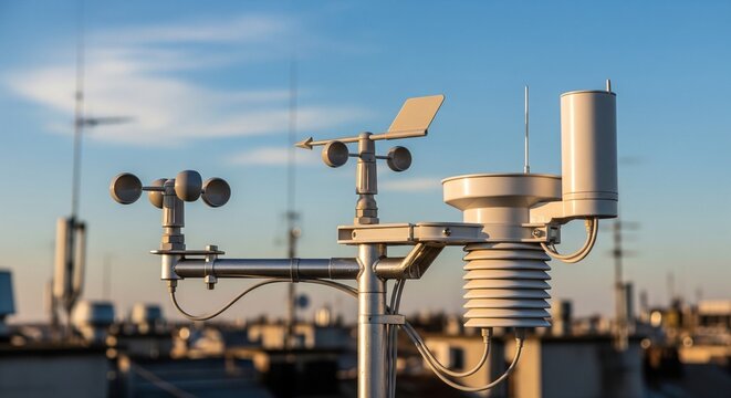 Meteorological weather station sensors and wind vane against blue sky
