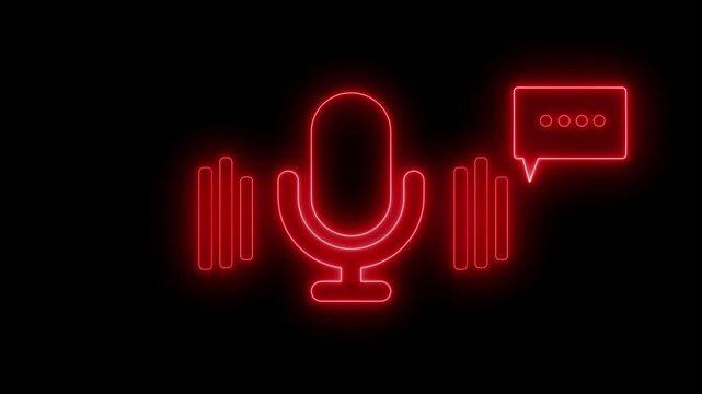Neon microphone icon with soundwaves and chat bubble animation