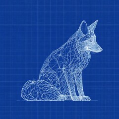 A fox is shown in detailed line-art on a blue grid. This design illustrates animal anatomy in a minimal style.
