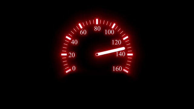 Glowing speedometer gauge with needle at high speed animation
