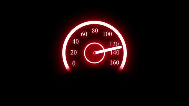 Glowing speedometer gauge at night showing high speed animation