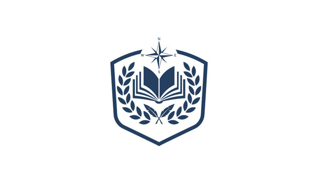 Academic emblem featuring a shield with an open book, compass, and laurel wreath symbolizes institutional authority and traditional scholarly achievement success.