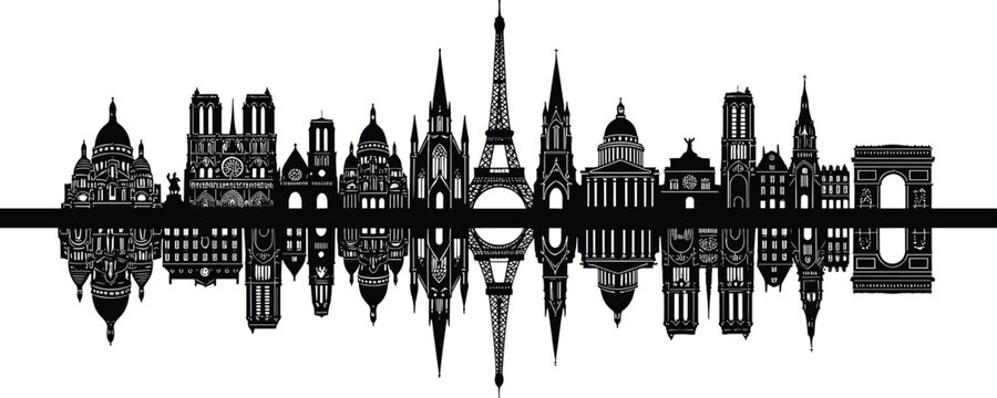 Paris France city skyline horizontal panorama silhouette layout with eiffel tower reflection on water wave line vector background