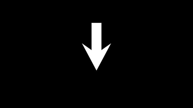 Glowing down arrow icon animation on black background overlay element