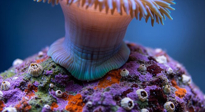 Close-up of a sea anemone underwater showing delicate tentacles and colorful reef base.